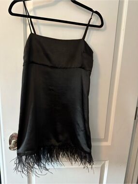 Black Satin Feather-Trim Slip Dress